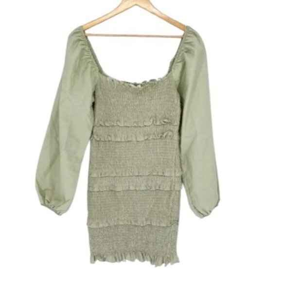 Topshop Green Smocked Long Balloon Sleeve Minidress - Picture 8 of 8